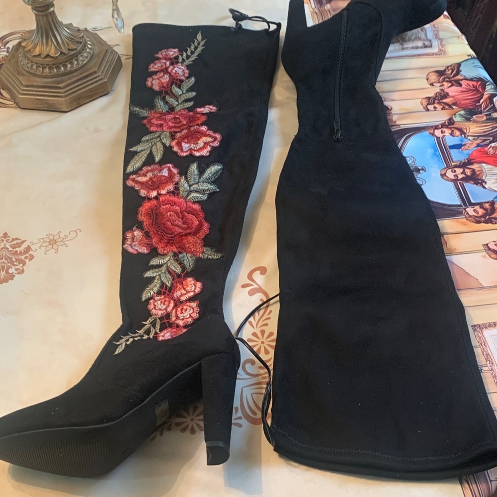 Wild Diva Black Over the Knee Boots with Red Floral Embroidery